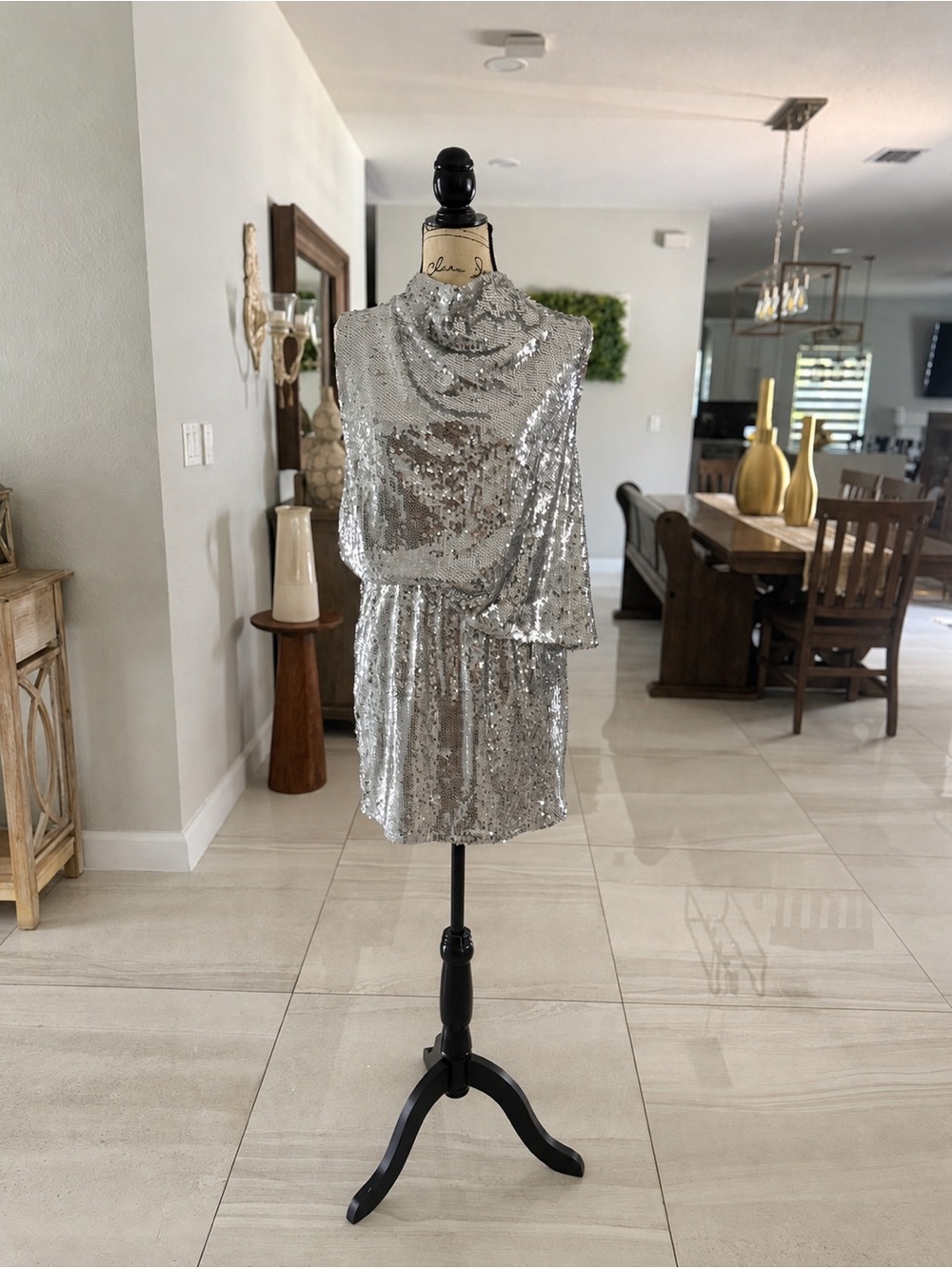 Silver Sequin Cowl Neck Evening Dress Size M